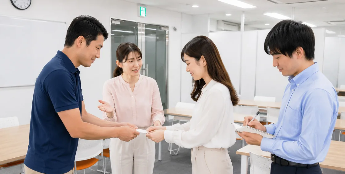 ビジネスマナーの訓練を行う利用者とスタッフ